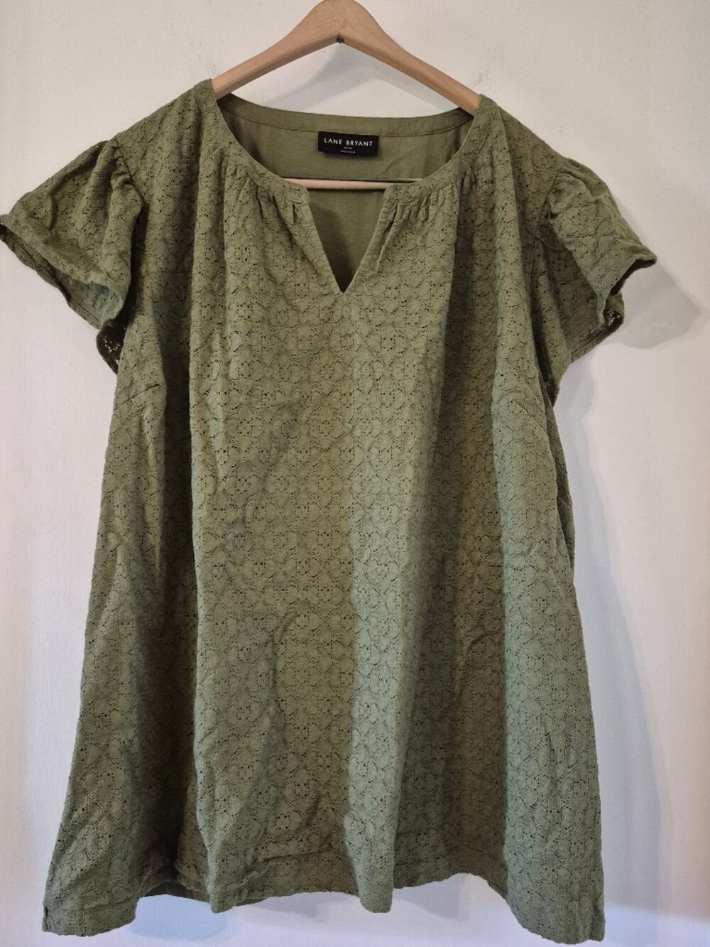 Lane Bryant 26/28 Green Eyelet Flutter Sleeve Blouse Top Cottagecore Boho Summer